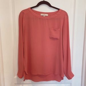 LOFT Pink Salmon Round Neck Long Sleeve High Low Tunic Blouse Size S